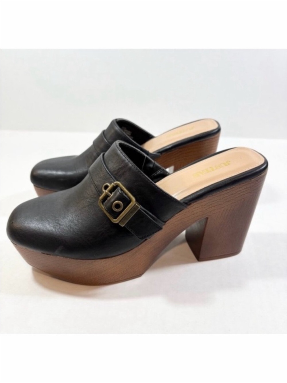 Just Fab Jenica Chunky Mules Size 8 Black Faux Leather Wood Clogs Y2K 90s Casual